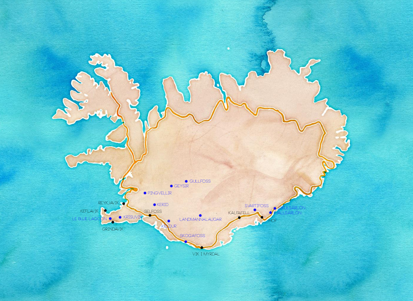 Islande carte itineraire pour 8 jours